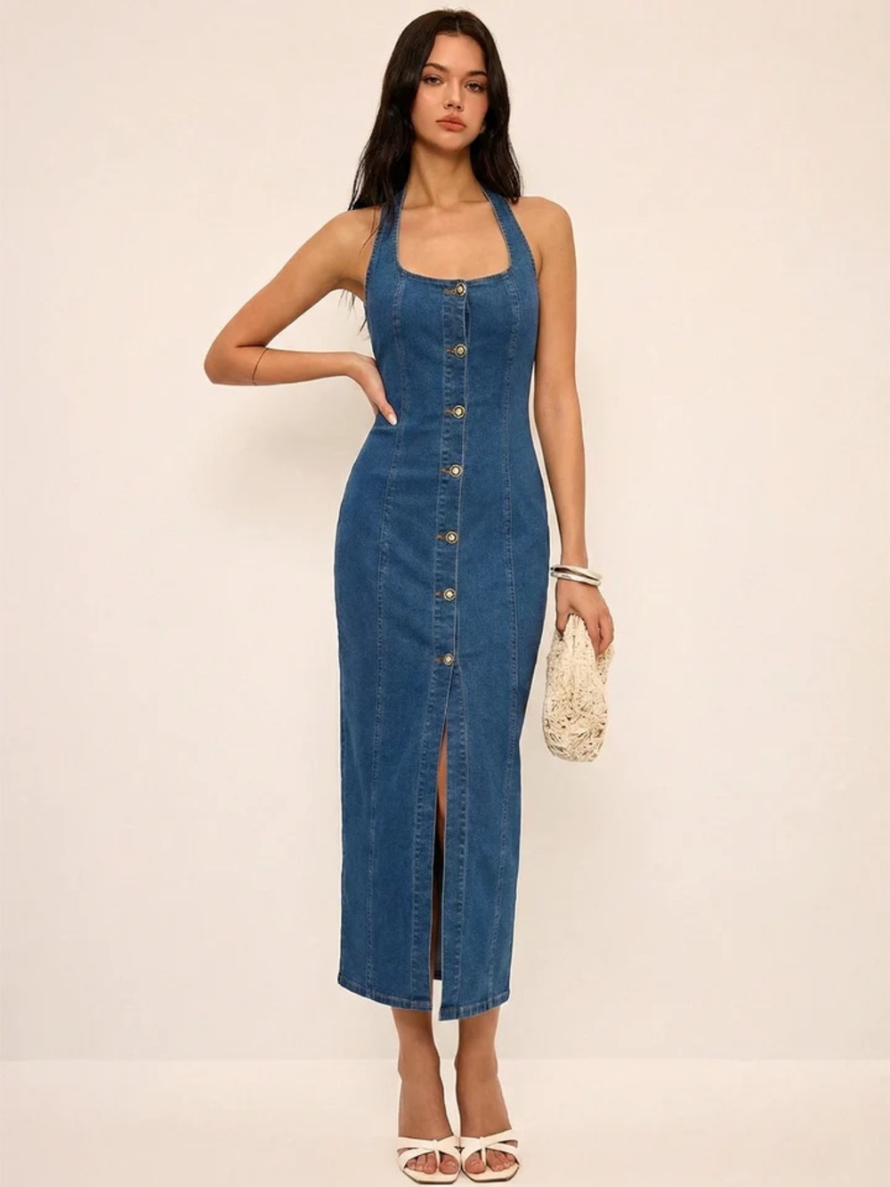 Commense Denim Button-Front Halter Midi Dress - Blue